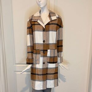 SHEIN Brown and White Plaid Trench Coat